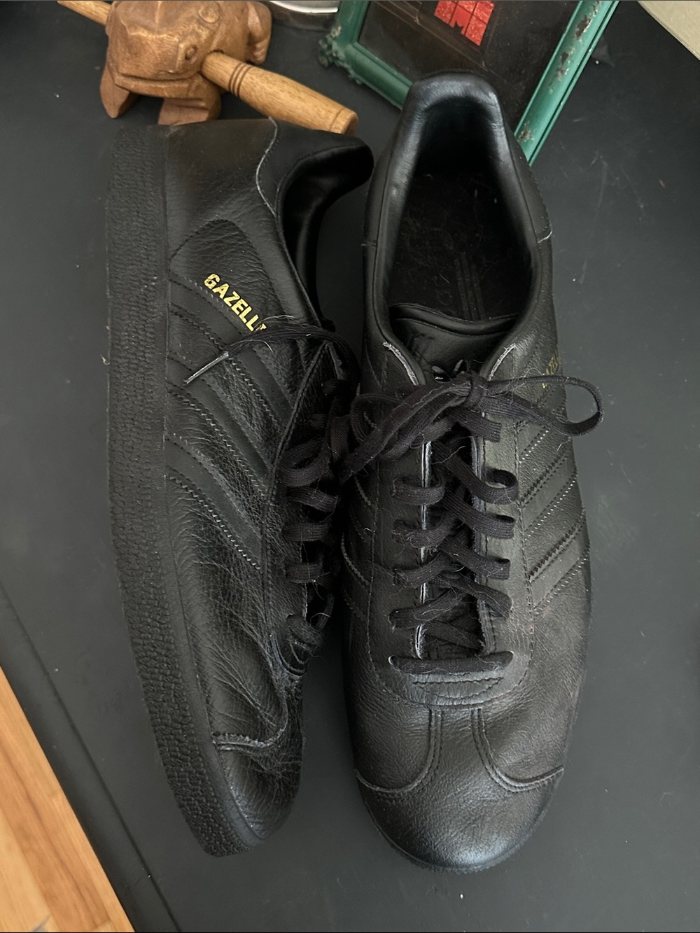 🫐 2/$25 ADIDAS Gazelle Men's Black Leather Sneakers with Gold Logo
